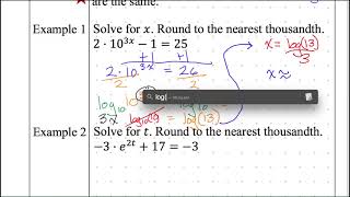Algebra 2 notes 8-5 Solving Exponential Equations with Logs