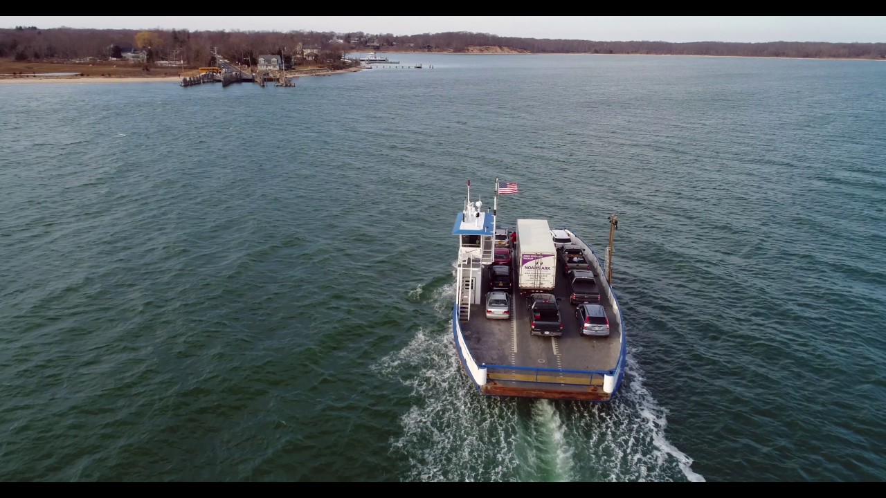 Aerial shot of Shelter Island, New York, ferry crossing Great Peconic