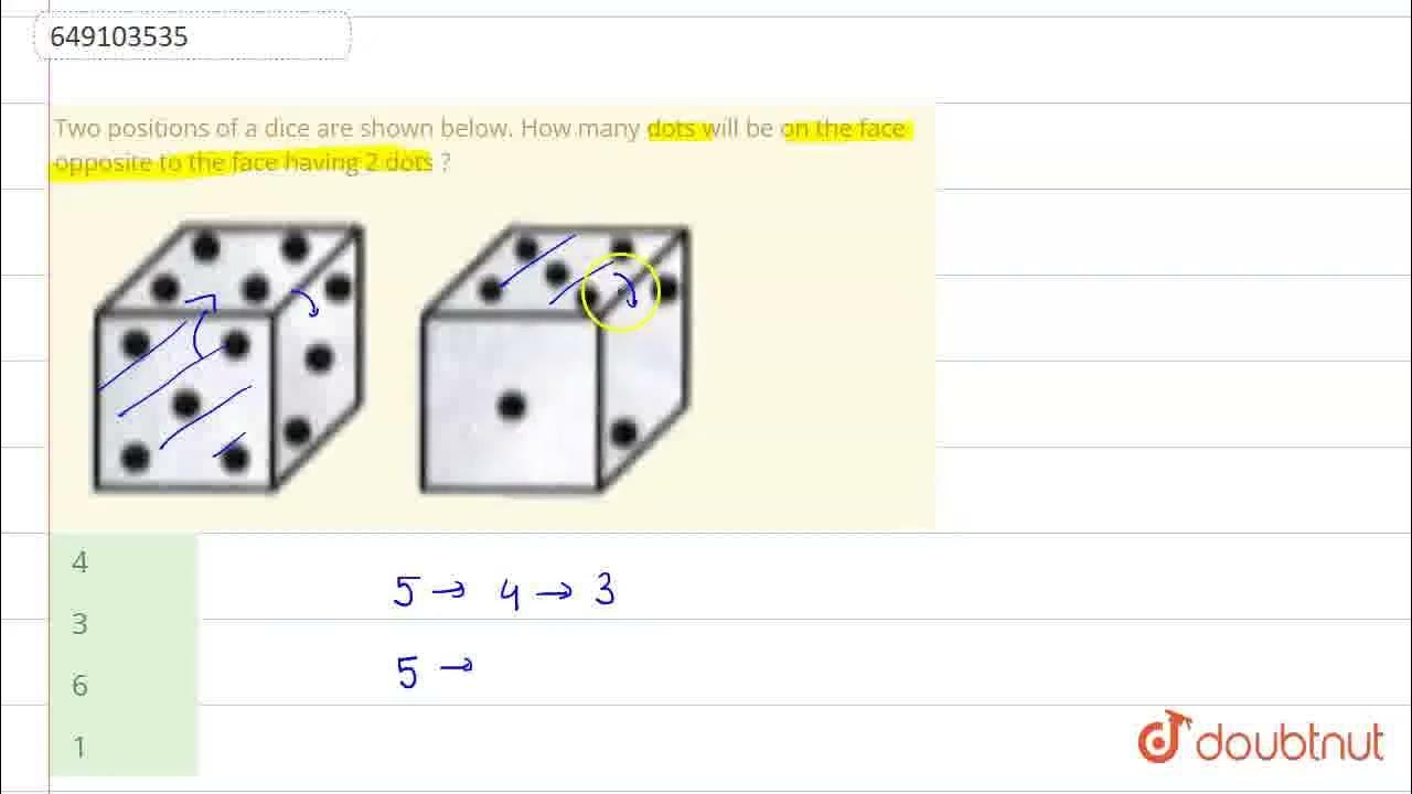 Two positions of a dice are shown below. How many dots will be on the