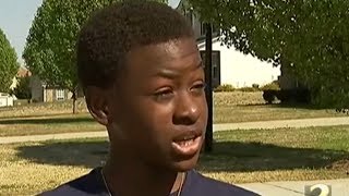 "A fifth-grader says he was terrified when a police officer pointed a gun at him and his friends while they built a tree fort. Omari Grant, 