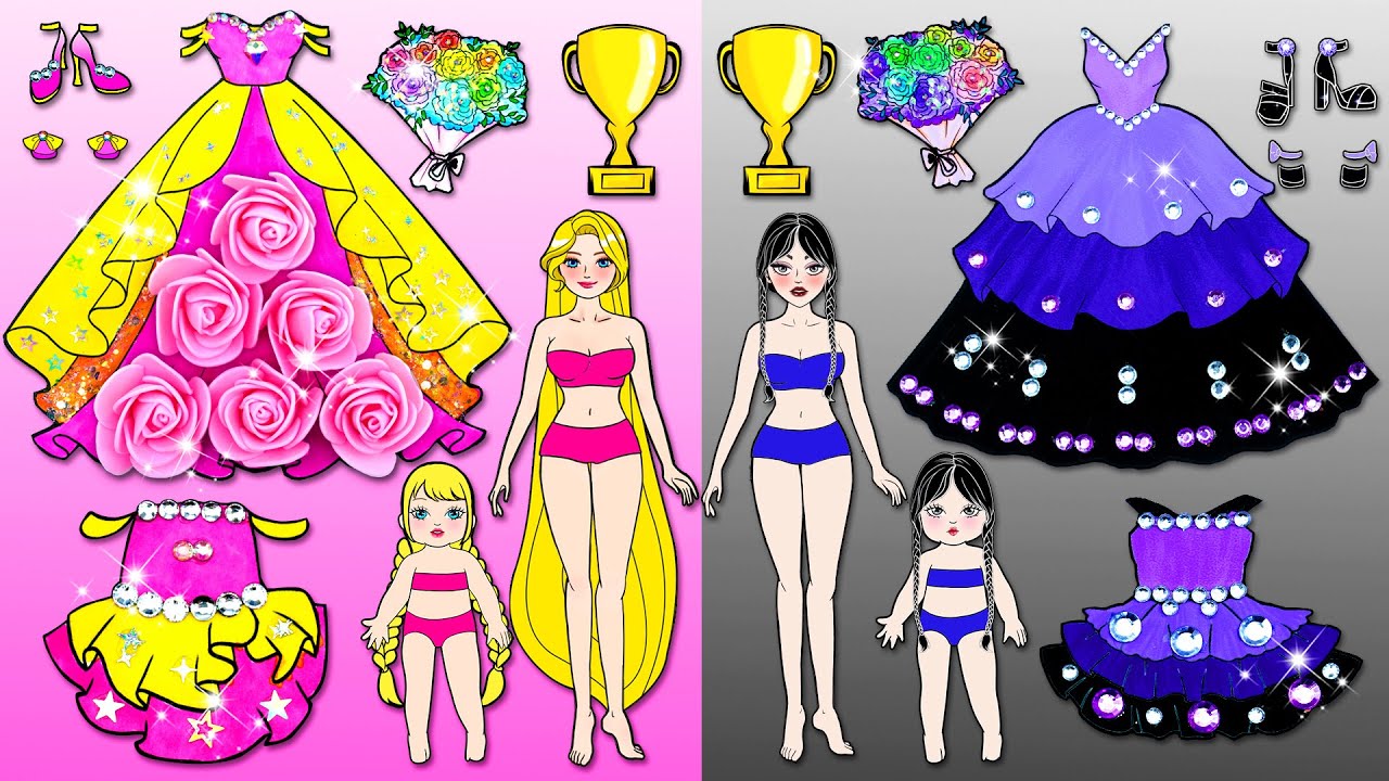 Paper Doll Dress Up - Pink VS Purple Mother & Daughter Dresses - Barbie  Family Contest Handmade 