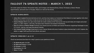 Fallout 76 March patch notes (2022) Wealth