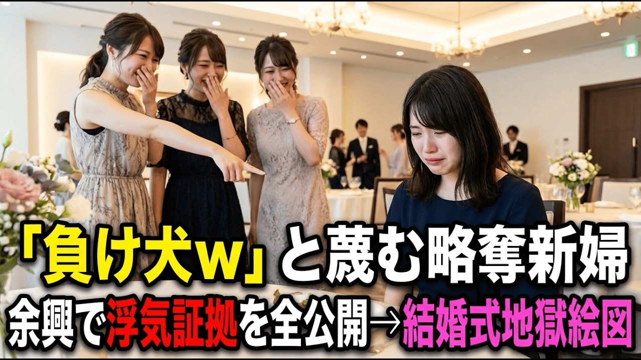 「負け犬ｗ」元彼を奪った略奪婚の披露宴に招待され嘲笑される私、スピーチで新婦の過去を暴露しろと無茶振りされるが…スクリーンに映し出したのは新婦が浮気相手と密会する…