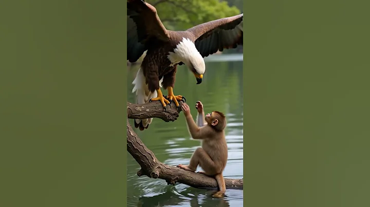Baby Monkey Dares to Play with a Giant Eagle on a Tree Over Water!