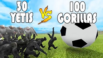 30 YETIS vs 100 GORILLAS Soccer Game - Beast Battle Simulator