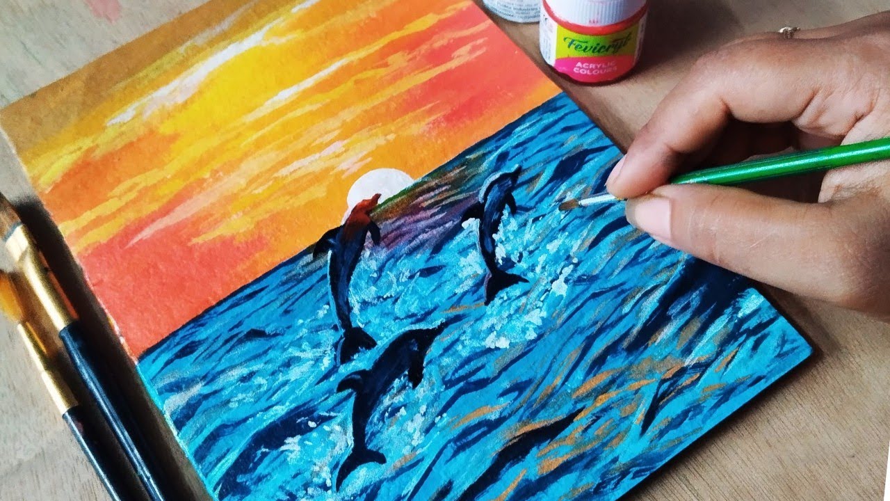 Sunset Seascape Painting || Dolphin Acrylic Painting Step by Step for Beginners