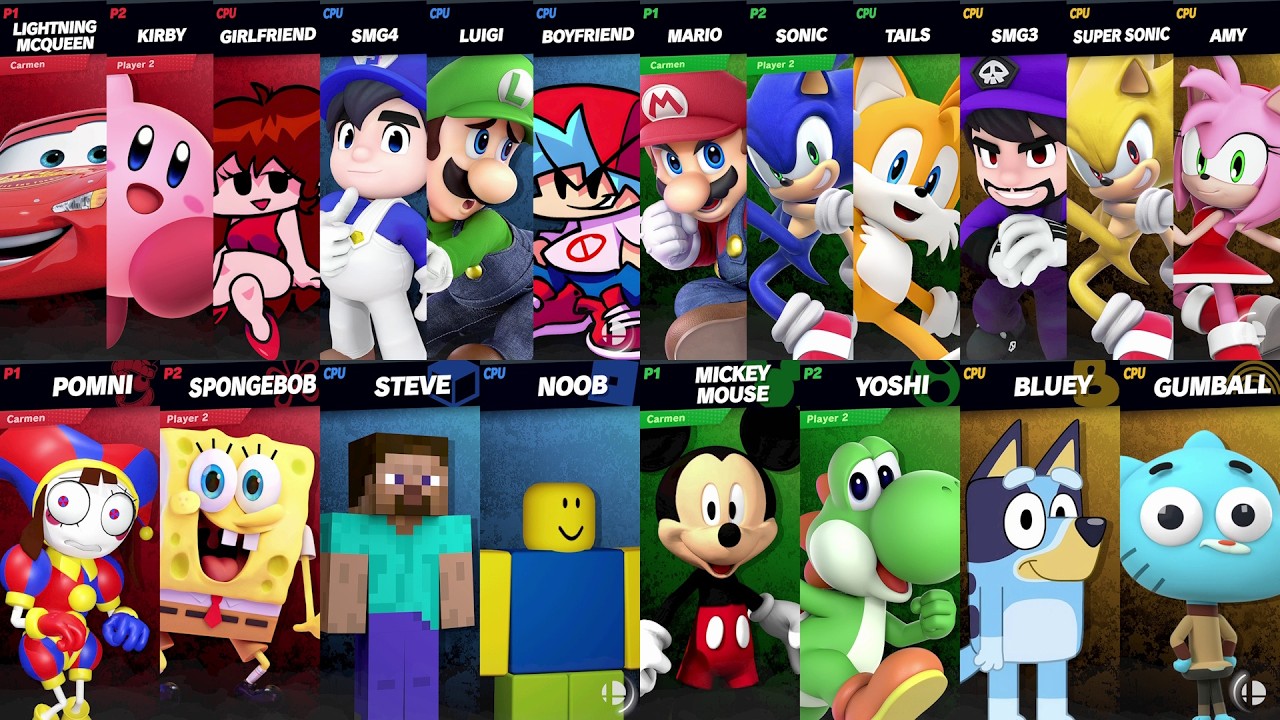 NEW Sonic vs Mario vs Roblox vs Minecraft vs Car vs Bluey vs SpongeBob vs Mickey in Smash Bros