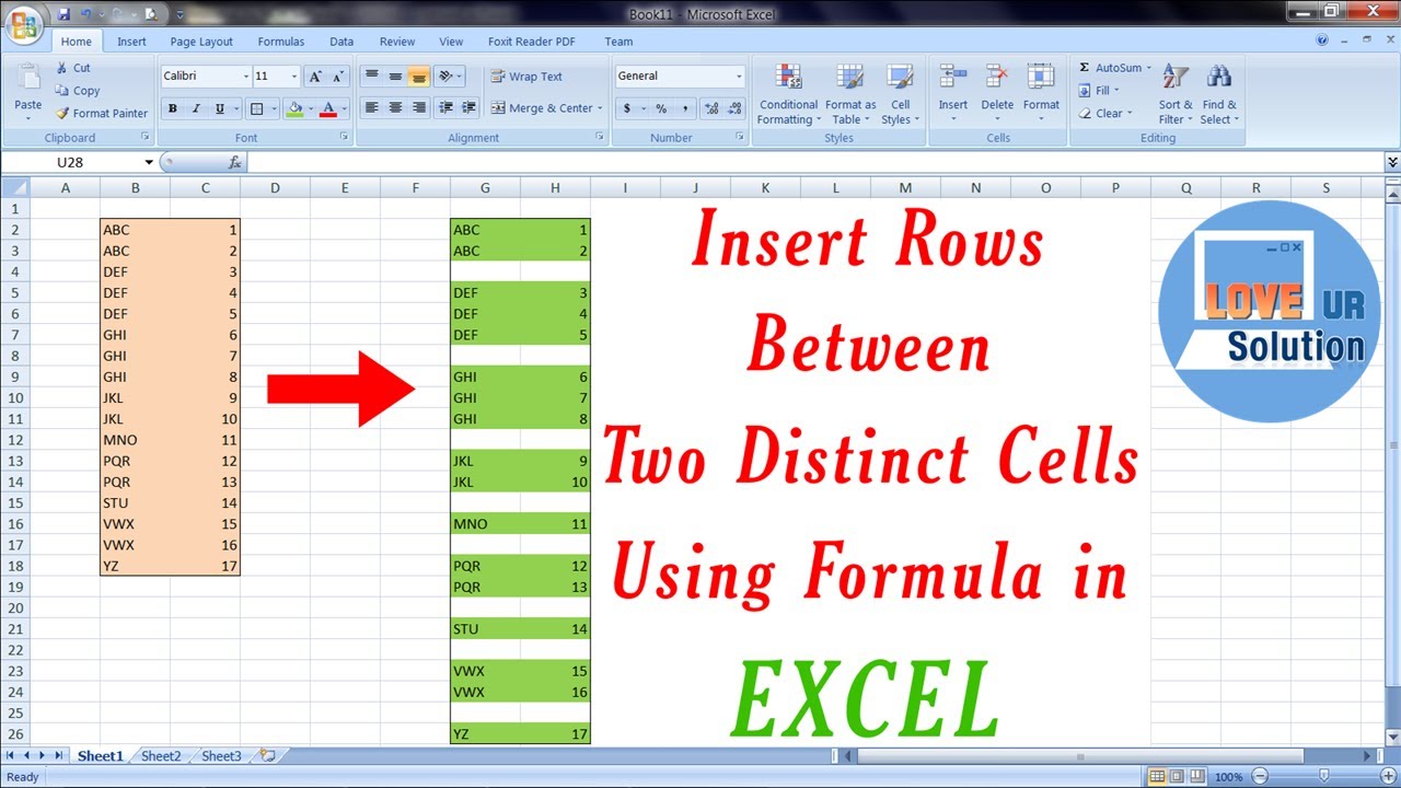 Insert Blank Rows between distinct cells using Formula in