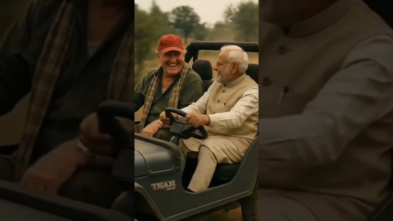 Narandra Modi and Donald Trump driving a car in jungle. 