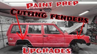 Cutting Fenders on Tylers XJ for clearance. prepping for paint and upgrades.