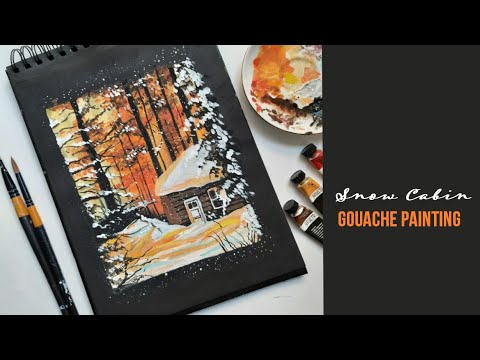 Snow Cabin gouache painting on black paper