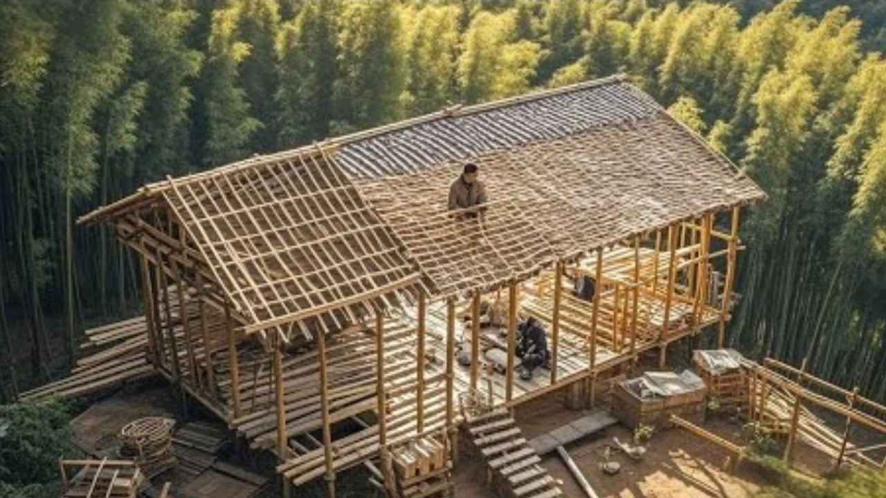 中国男子在竹林深处打造竹子豪宅！耗费90天完成房顶的搭建，太奢侈了！【空中竹屋】