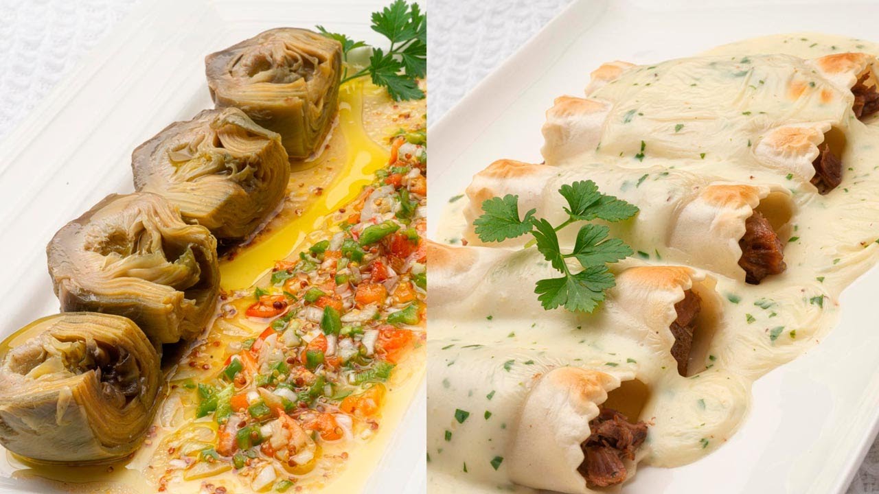 Alcachofas con vinagreta de mostaza - Canelones de morcillo y setas - Cocina Abierta