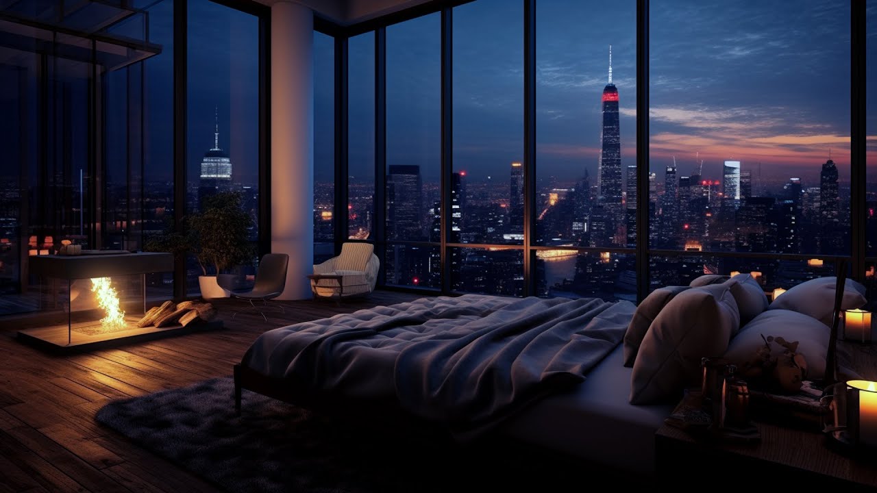 View of City Rain Ambience | High-Rise Apartment at Night with Fireplace ...