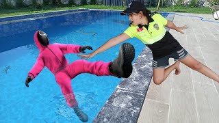 Melisa maskeli squid game askerini havuza attı | polis | polis arabası
