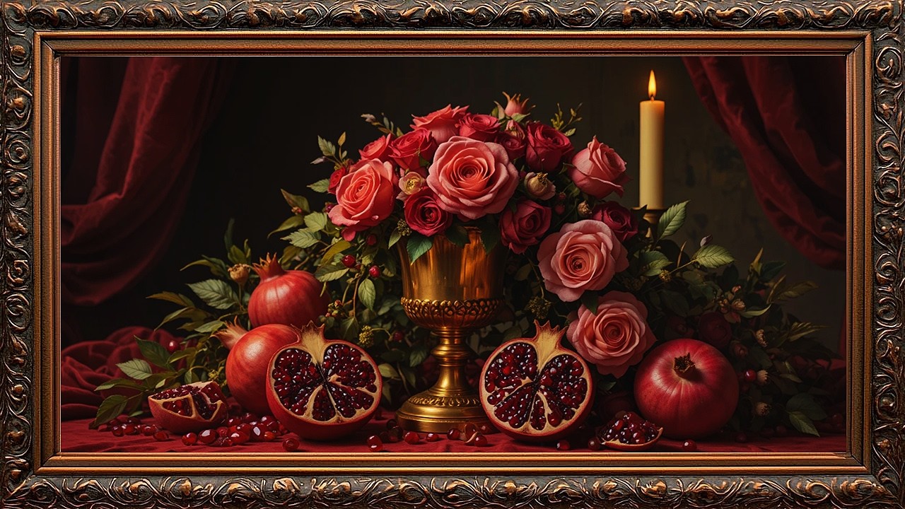 Rose & Pomegranate Valentine Still Life 🌹 Ruby Seeds & Gold Goblet | Baroque Chiaroscuro Art 4K