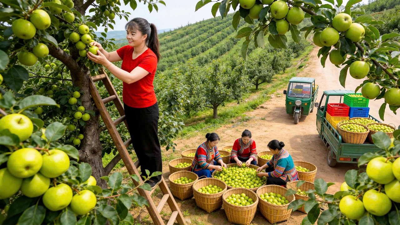 Massive Green Apple Harvest – Full Truck to Village Market | Farm to Market