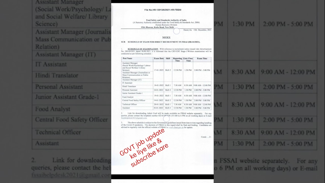 FSSAI Various Post Exam Date 2021