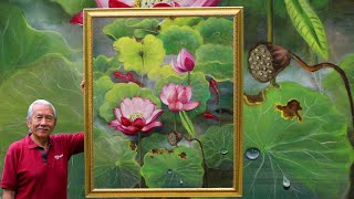 LOTUS POND painting tutorial Ölmalerei goldfish, water droplet, flower leaf Meditation Calming 荷花池油画