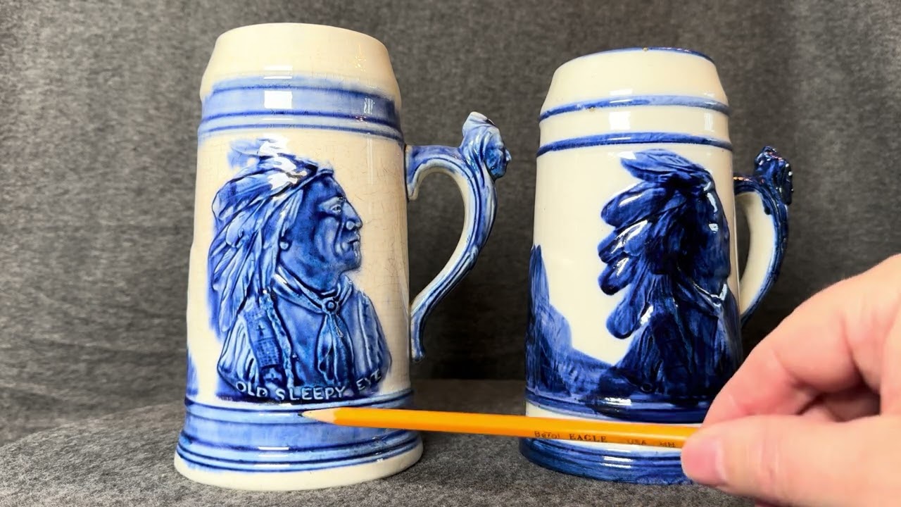 Blue and White Sleepy Eye Pottery Stein produced by the Weir Pottery Company 