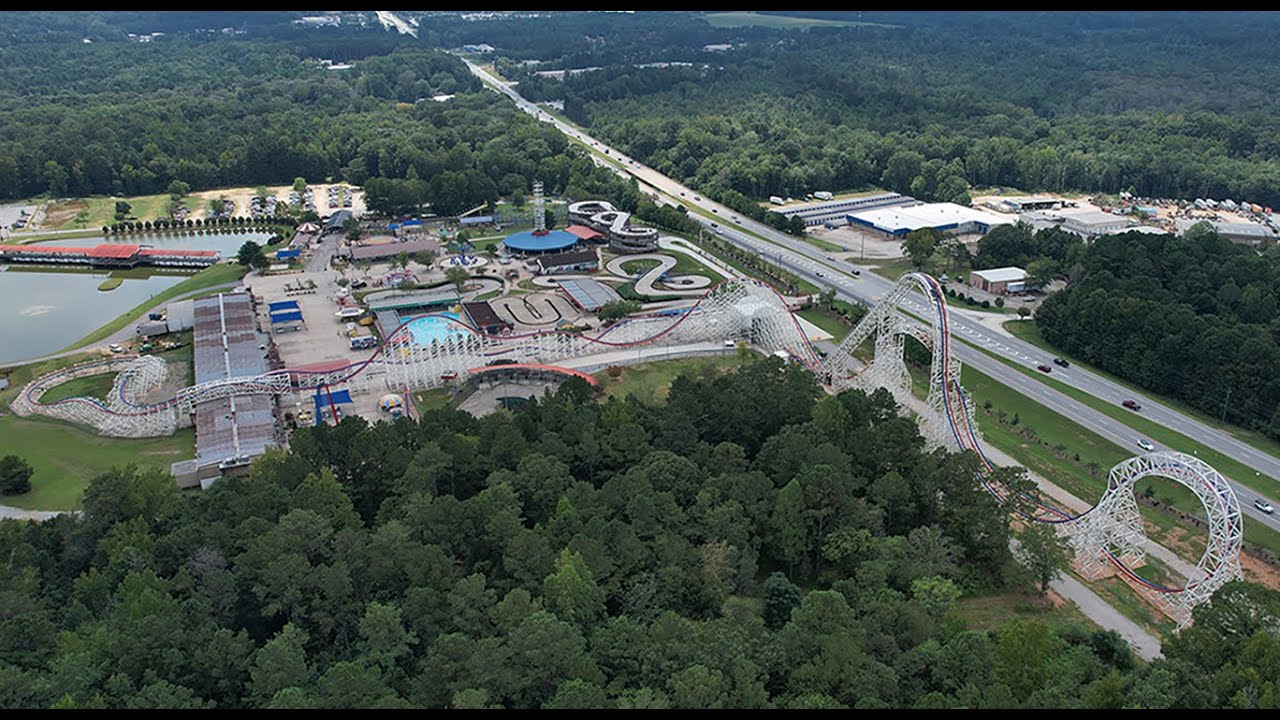 INTENSE ArieForce One roller coaster - Fun Spot Atlanta - drone and ground footage