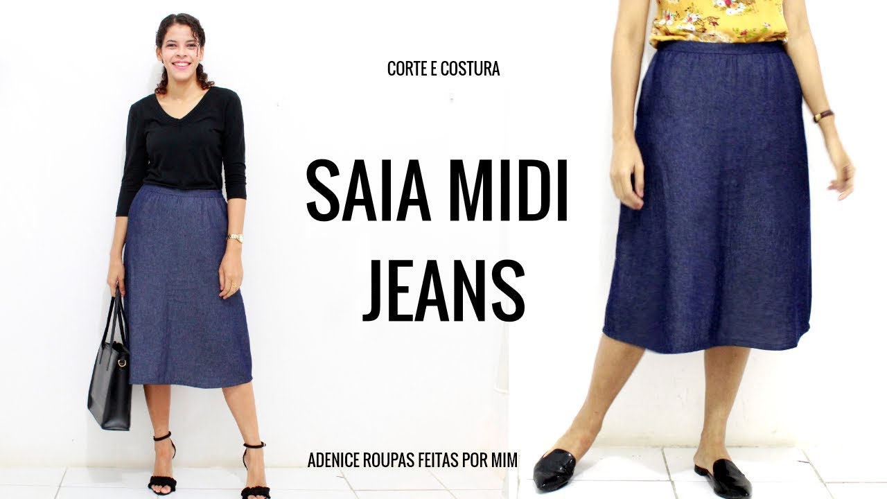 saia jeans evase midi