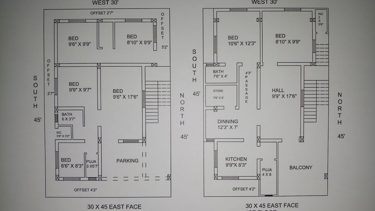 30 × 45 east face two floor house plan map YouTube