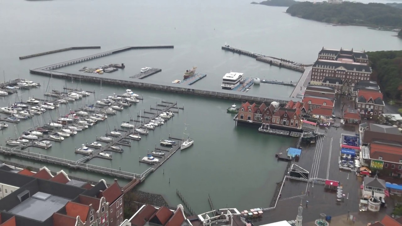 ハウステンボスの高層塔ドムトールンの展望台から見降ろした港町のハーバータウン Youtube