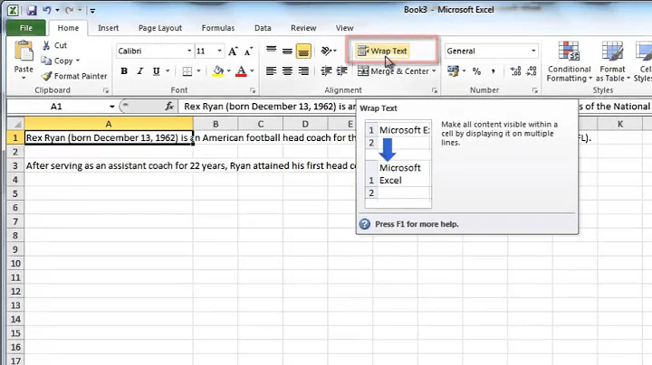 How to word Wrap in Excel 2010