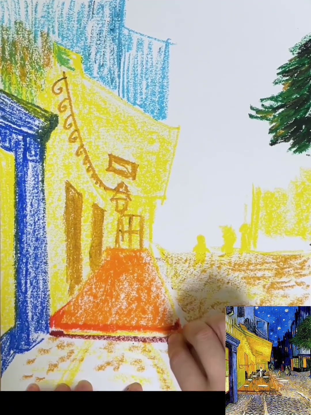ゴッホ「夜のカフェテラス」模写 絵画 絵 小学生でも水彩絵の具とクレパスで簡単にできる名画模写！ゴッホの「夜