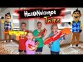 Hello Neighbor Twins in Real Life in a Hotel! Twin Toys PBT Nerf Battle and Toy Scavenger Hunt!