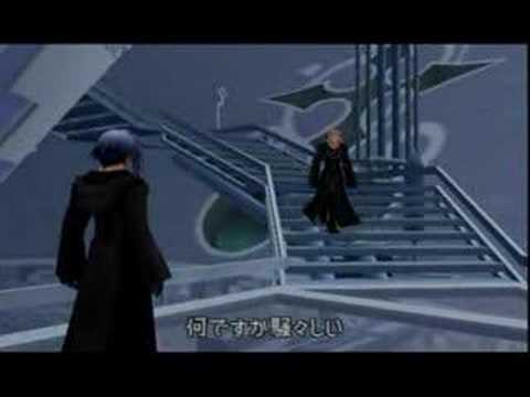 Whoa, eight minutes of new scenes! Appear between Mickey blocking the way to Demyx' fight and Demyx' entry in Hollow Bastion. --- Quick Translation by Mors, thanks! When walking down the spiralling staircase, the dialogue that appears is the same as the one in the flashback Mickey has before the 1000 Heartless brawl (Xehanort asking permission for his experiments, which Ansem denies him). Then the well-known lines from the trailer. In TWTNW: Vexen: Zexion! Zexion! Zexion: What's all the fuss about? Vexen: Where's Xemnas? Zexion: At the usual place. Vexen: The "Room of Sleep"? Zexion: If it's urgent, why don't you go and see? Vexen: Stop joking around! I will await his return. I must. This is what happens when we need him and he sleeps. Now, of all times... Xigbar: I'm not so good in that place either. How about you, mister Zexion? Zexion: What are you doing, eavesdropping like this? The mission assigned to you and Xaldin was to look for new members. You shouldn't be able to afford wasting time around here. Xigbar: I'm doing enough work, already! Found another one just yesterday. I think his new name is "Mar-" something or other. With this the Organization now has 11 members. That's quite a number. And so just for today I asked Lexaeus to cover for me so I could take a break... in anticipation of tomorrow's work, that is. Zexion: Then please rest fully. I have work to do for today so I'll be going... Xigbar: So harsh of you. I just want us to have a little fun talk about <b>...</b>
