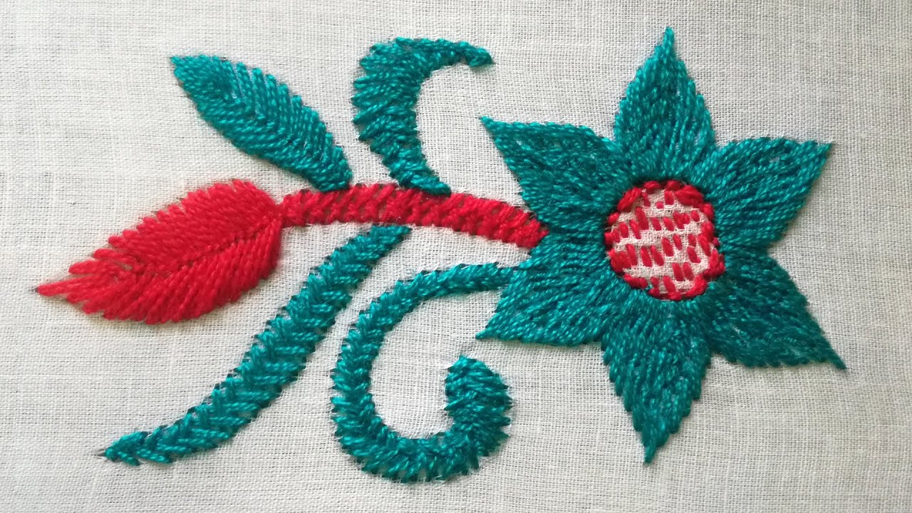 Hand Embroidery Kashmiri stitch leaf and Flower design tutorial | Fly stitch cross stitch beginners - YouTube