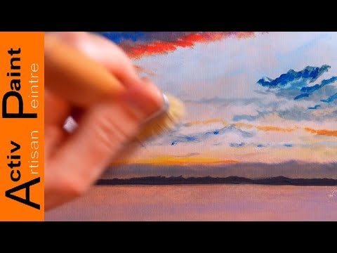 油画演示，湖上的红色和紫色日落- YouTube