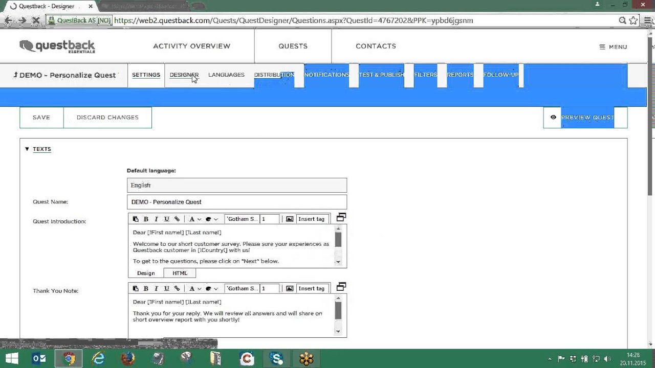 Questback Essentials how to personalize a quest YouTube