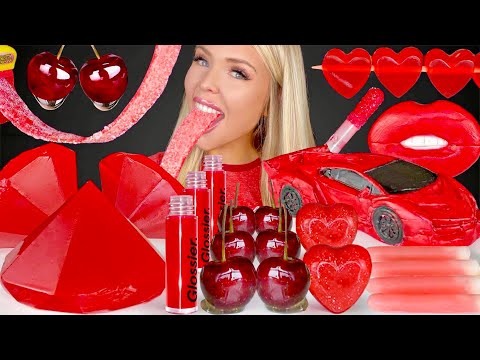 ASMR RED FOOD, LAMBORGHINI EDIBLE CAR, CANDIED CHERRIES, HEART JELLY MUKBANG 먹방