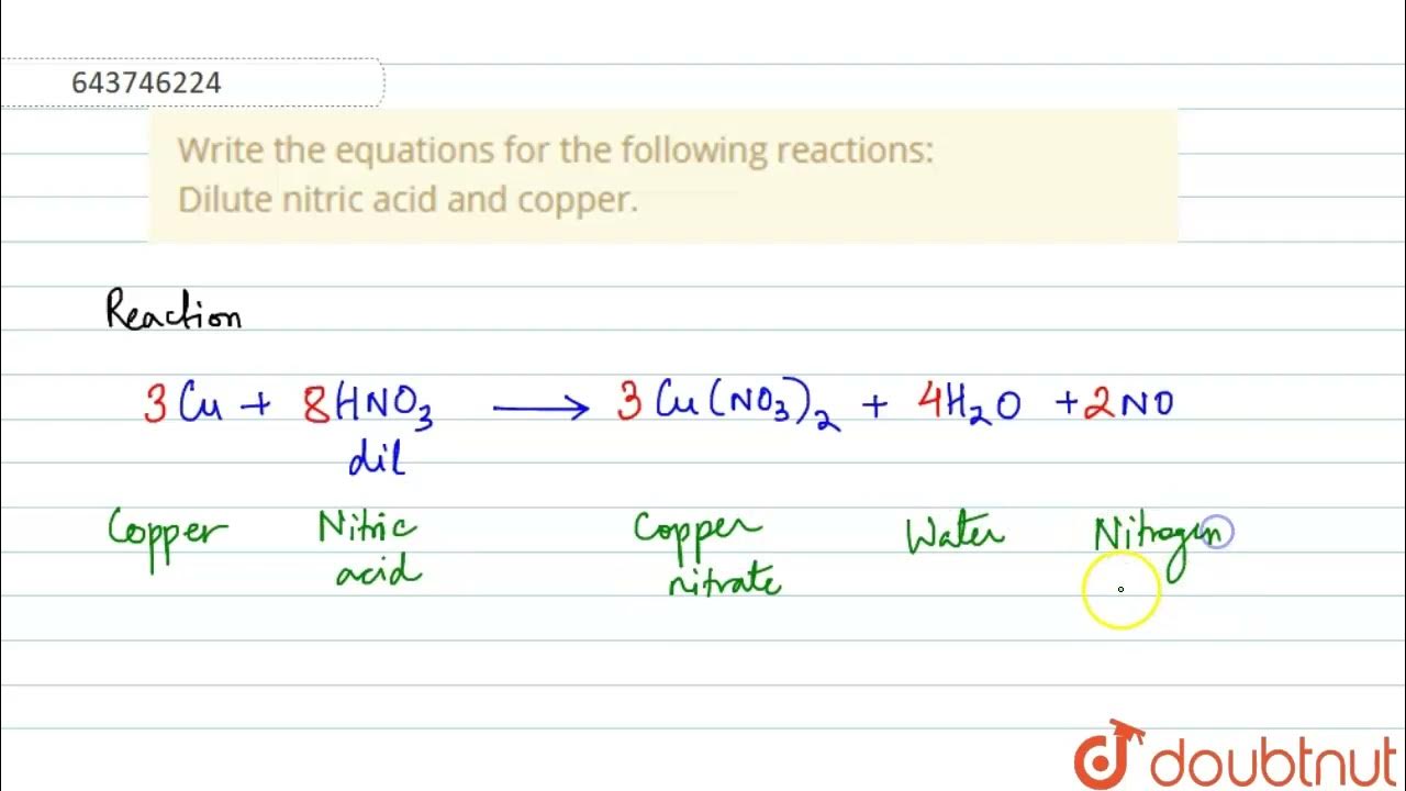 Write the equations for the following reactions Dilute nitric acid and copper. 10 STUDY OF