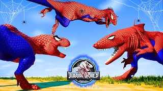 Spider-Man Indoraptor, Spider-Man Trex, Spider-Man Irex Dinosaurs Fighting Jurassic World Evolution
