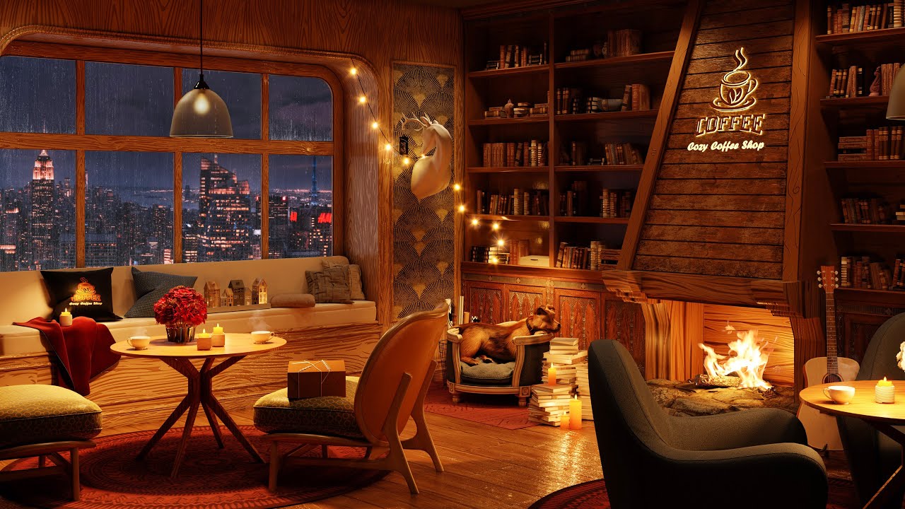 Rainy Night Outside Window Cozy Coffee Shop - Light Rain Sounds Indoors for Good Sleep & Relaxing 4K