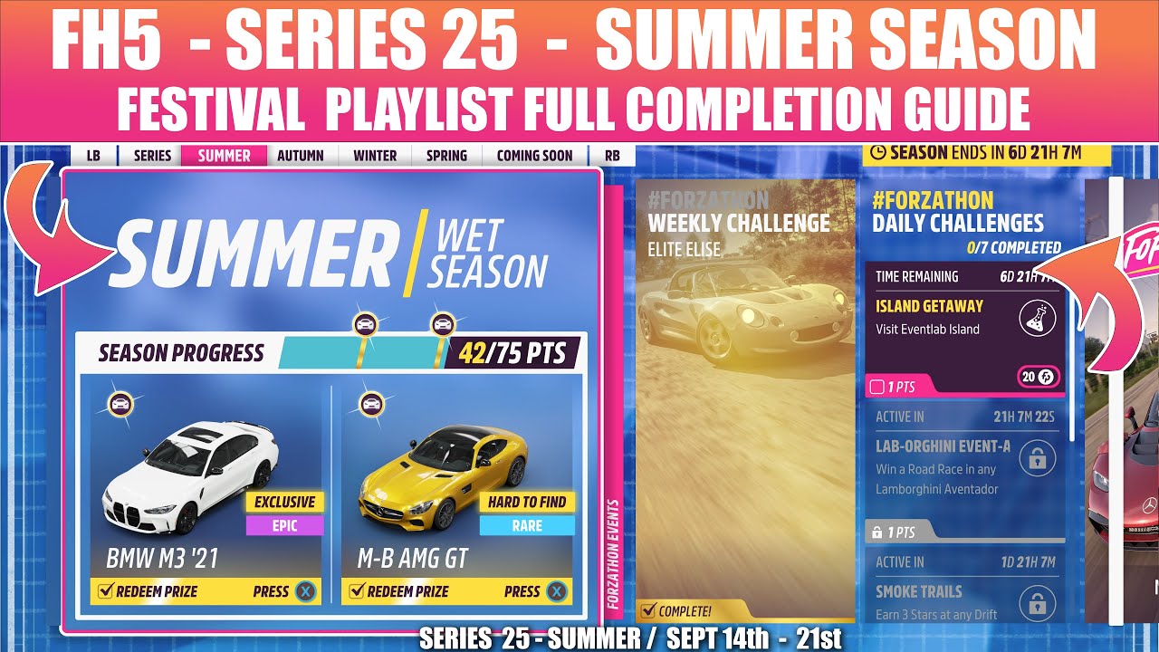 FH5 SERIES 25 SUMMER PLAYLIST FULL COMPLETION HOW TO HORIZON RUSH TREASURE STUNT NISSAN 240SX PRs