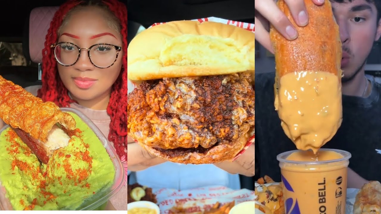 TIKTOK MUKBANG COMPILATION CHEESY TACO BELL BURRITO FRIED CHICKEN SANDWICH CHIPOTLE MC DONALDS 