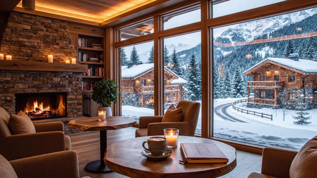 Calm Night Winter Coffeehouse ☕ Cozy Jazz Piano & Gentle Fireplace Sounds for Study & Work