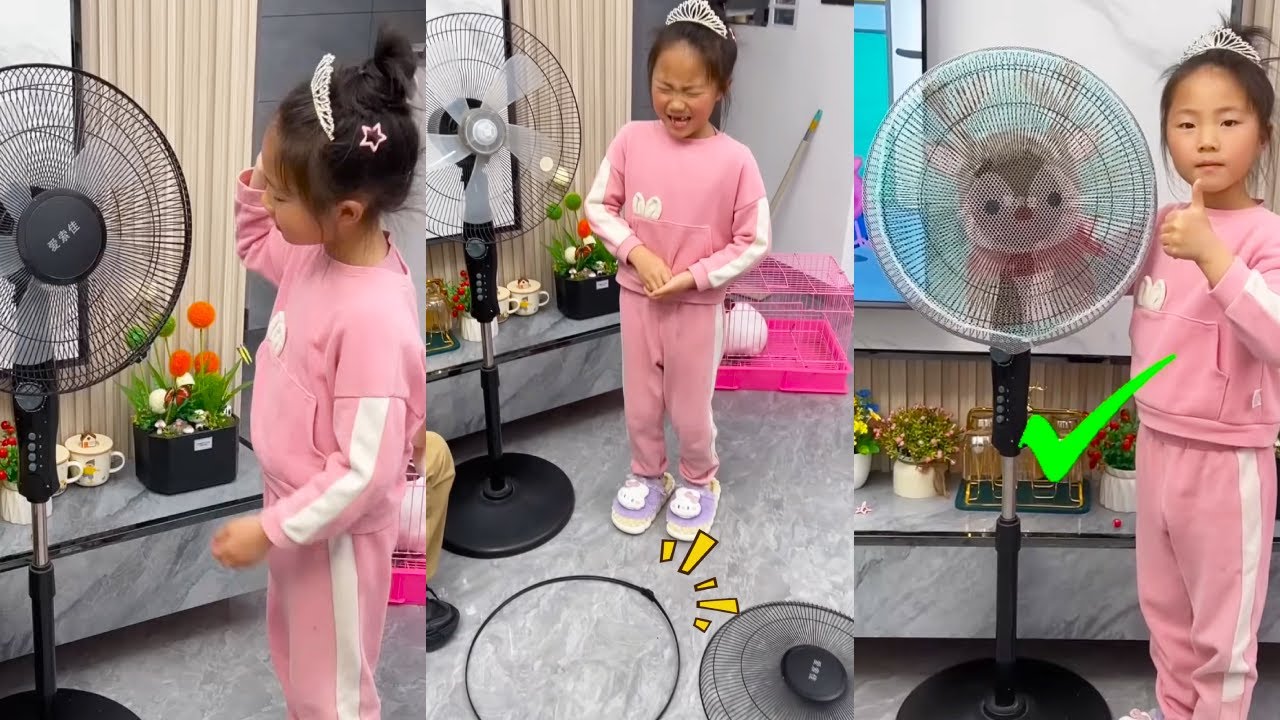 أختي بطريق الخطأ تواجه مروحة كهربائية خطيرة جدا ، مع مروحة غطاء الحماية لا تقلق !