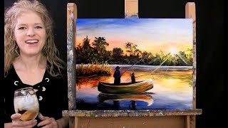 Learn How to Paint EARLY MORNING FISHING with Acrylic  Paint & Sip at Home  Step by Step Tutorial