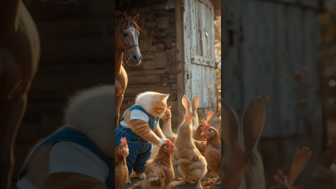 Farmyard Fun Adorable Cat Takes Care of Chickens and Bunnies!