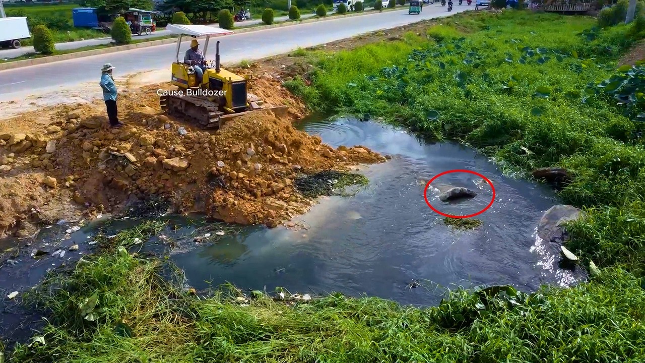 New !! Filling in the earth clear ditch to make passageway by dozer D20 with dump truck & Excavator