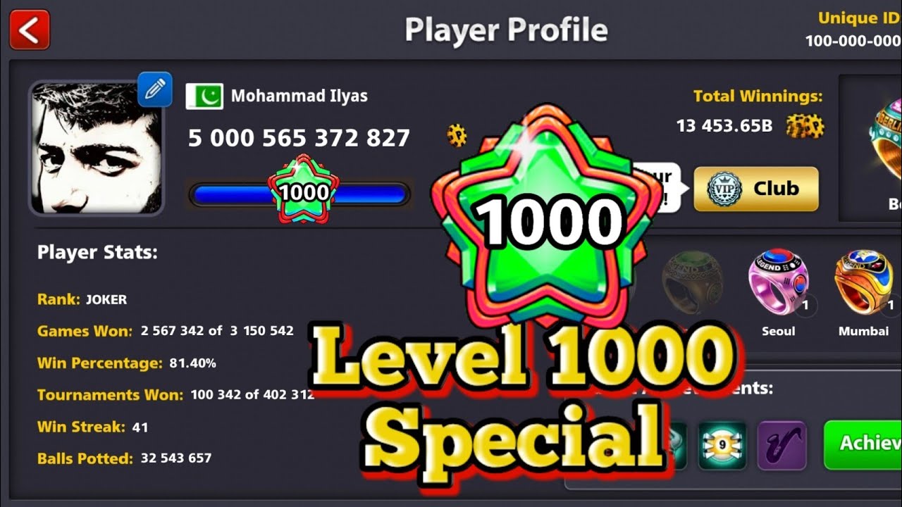 8 Ball Pool - 1000 Level First Ever Highest level - 5000b coins special -  Joker 8bp - 