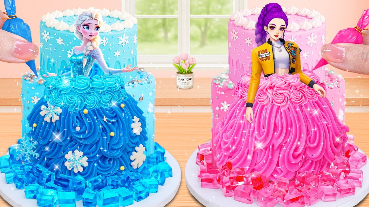 Elsa vs Rumi Princess Cake 🎂 | Blue & Pink Dress Cake Decorating ...