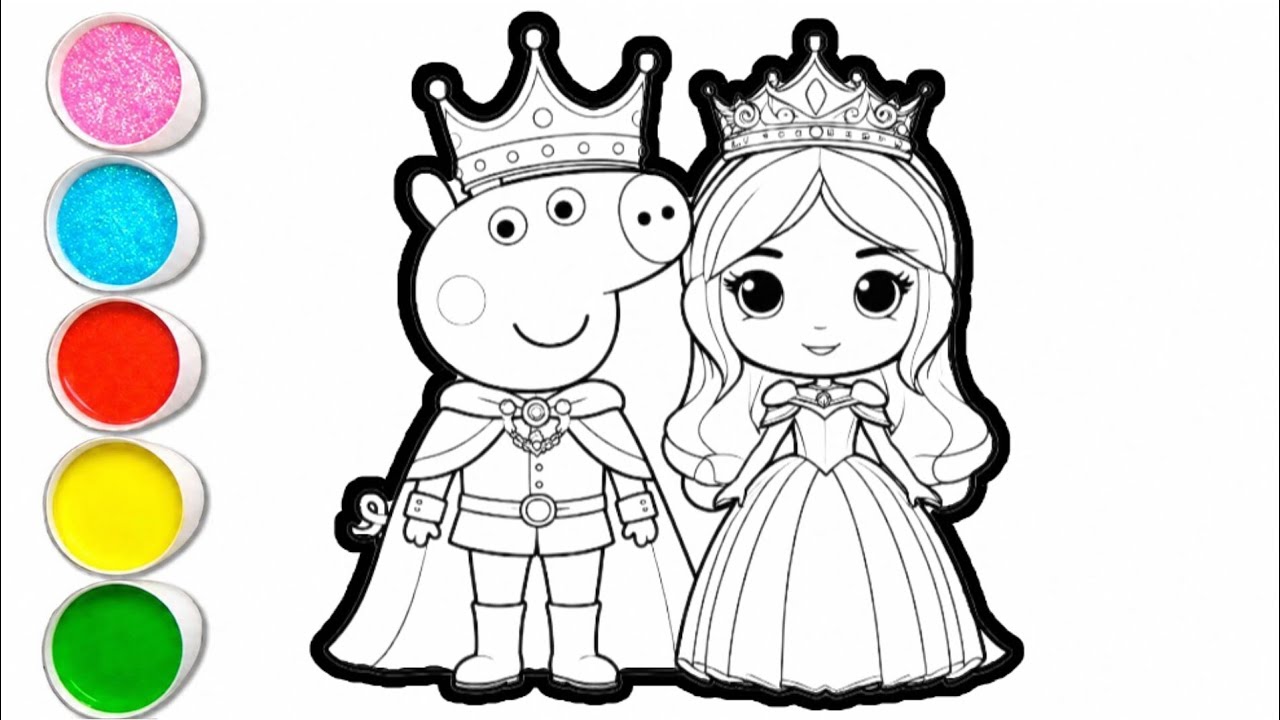 Drawing Princess Papi Peppa pig with princess drawing and coloring for kids and toddlers ...
