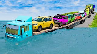 Triple Flatbed Trailer McQueen Transportation with Truck - Speedbumps vs Cars vs Train - BeamNG #8